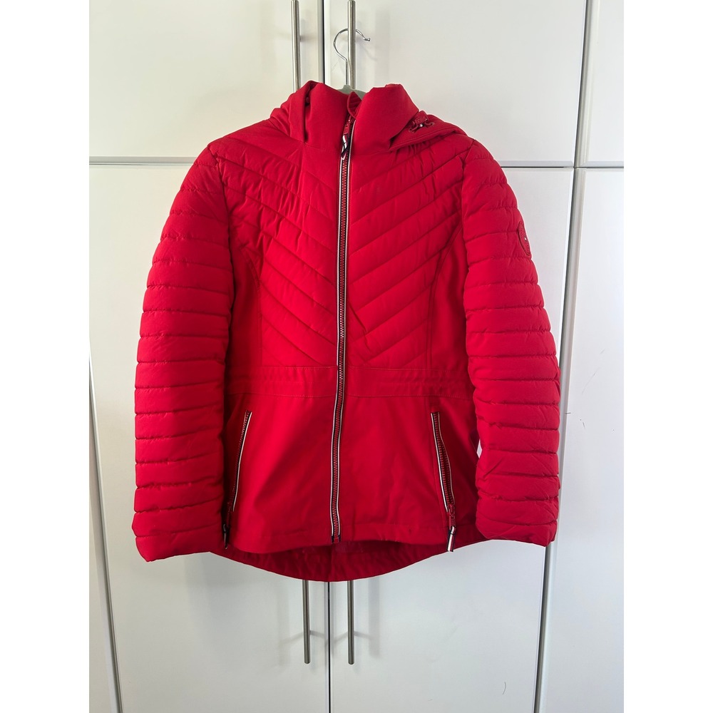 Tommy Hilfiger Womens Red Chevron Quilted Puffer Jacket with Hood Logo Patch
